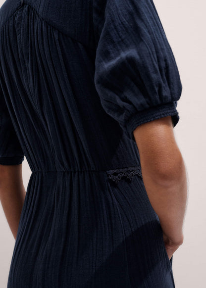 Navy Cheesecloth Intricate Detail Fit + Flare Midi Dress | ME+EM Clothing