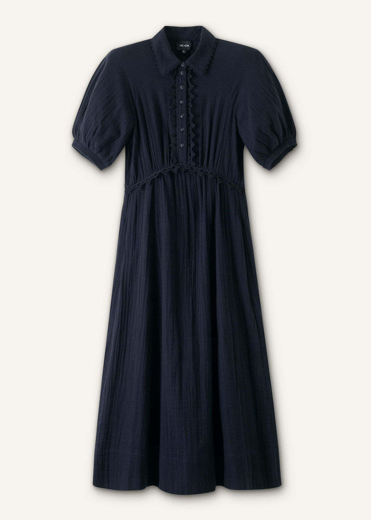 Navy Cheesecloth Intricate Detail Fit + Flare Midi Dress | ME+EM Clothing