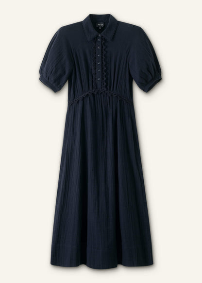 Navy Cheesecloth Intricate Detail Fit + Flare Midi Dress | ME+EM Clothing