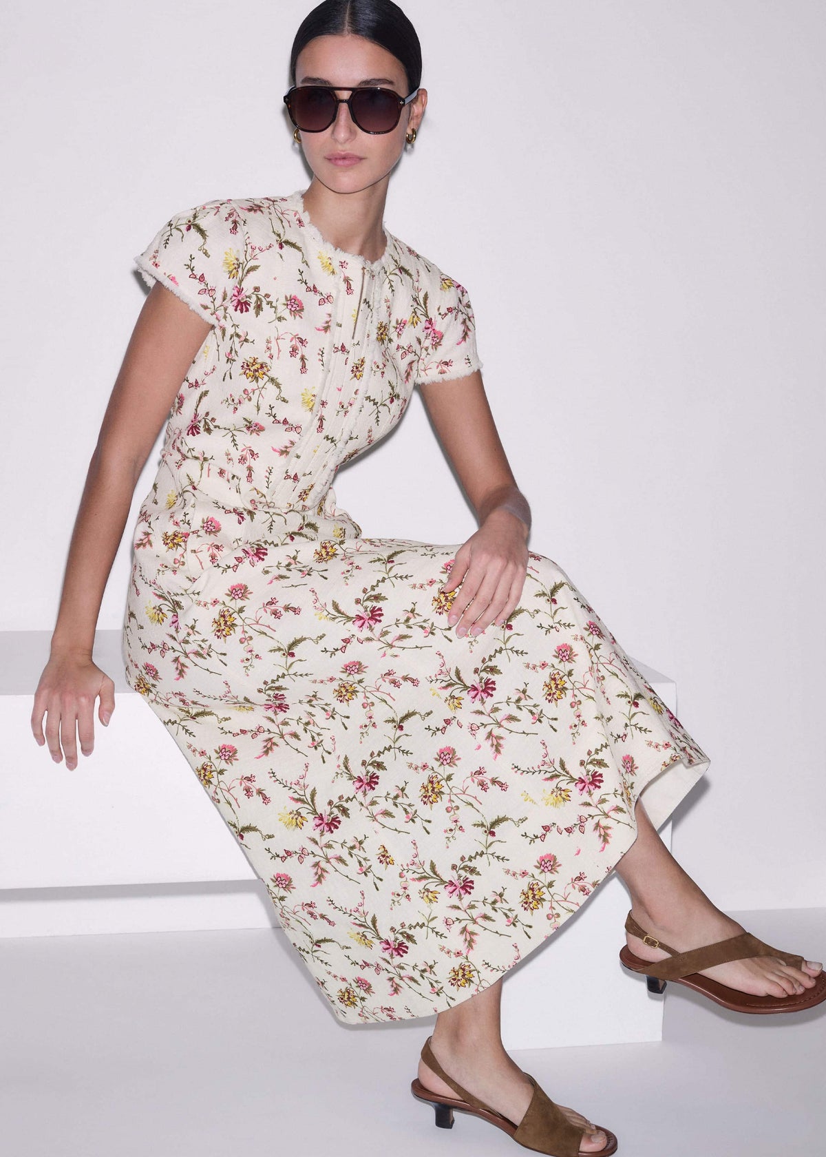 Cream Wild Spring Floral Print Fit + Flare Midi Dress | ME+EM Clothing