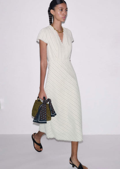 Ivory Striped Fit + Flare Midi Dress | ME+EM Clothing