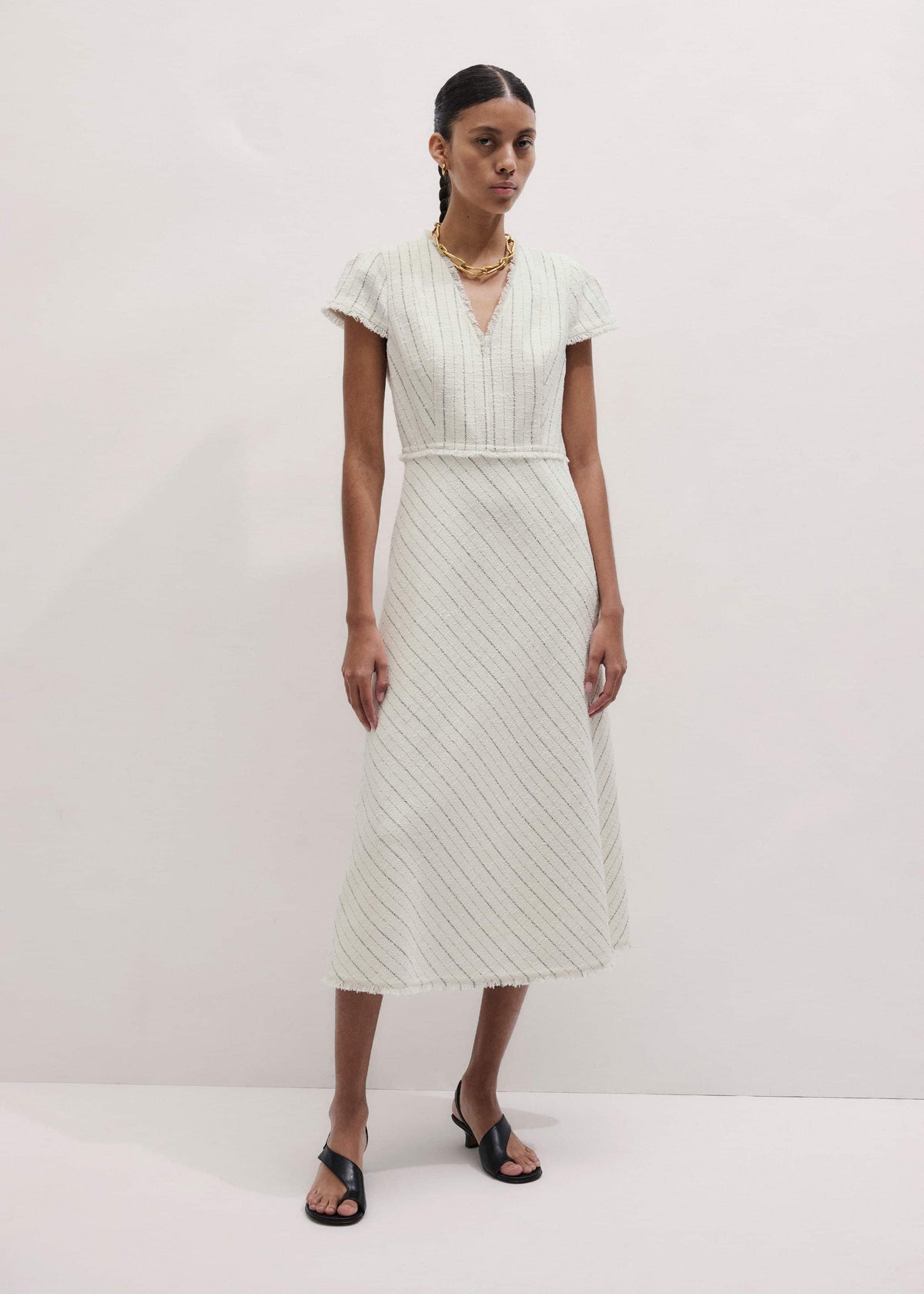 Ivory Striped Fit + Flare Midi Dress | ME+EM Clothing