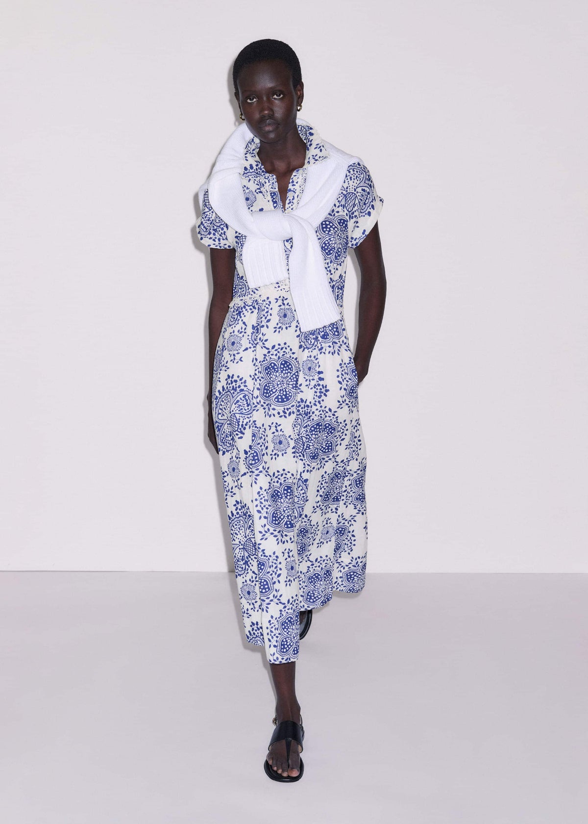 White Cheesecloth Fit + Flare In-Full-Bloom Print Midi Dress | ME+EM Clothing
