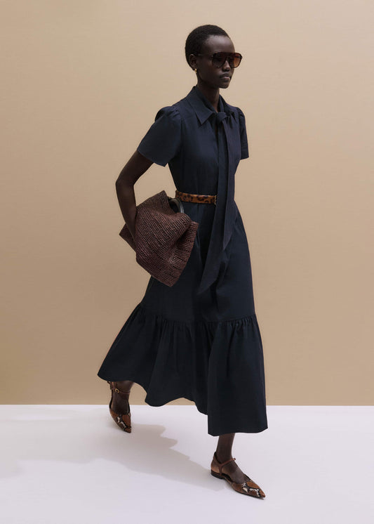 Navy Cotton Seersucker Fit + Flare Midi Dress | ME+EM Clothing