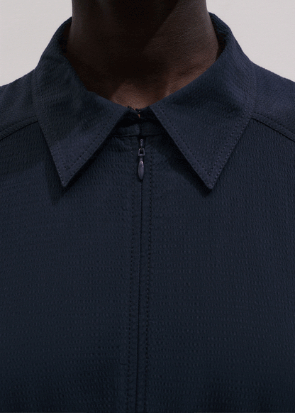 Navy Cotton Seersucker Fit + Flare Midi Dress | ME+EM Clothing