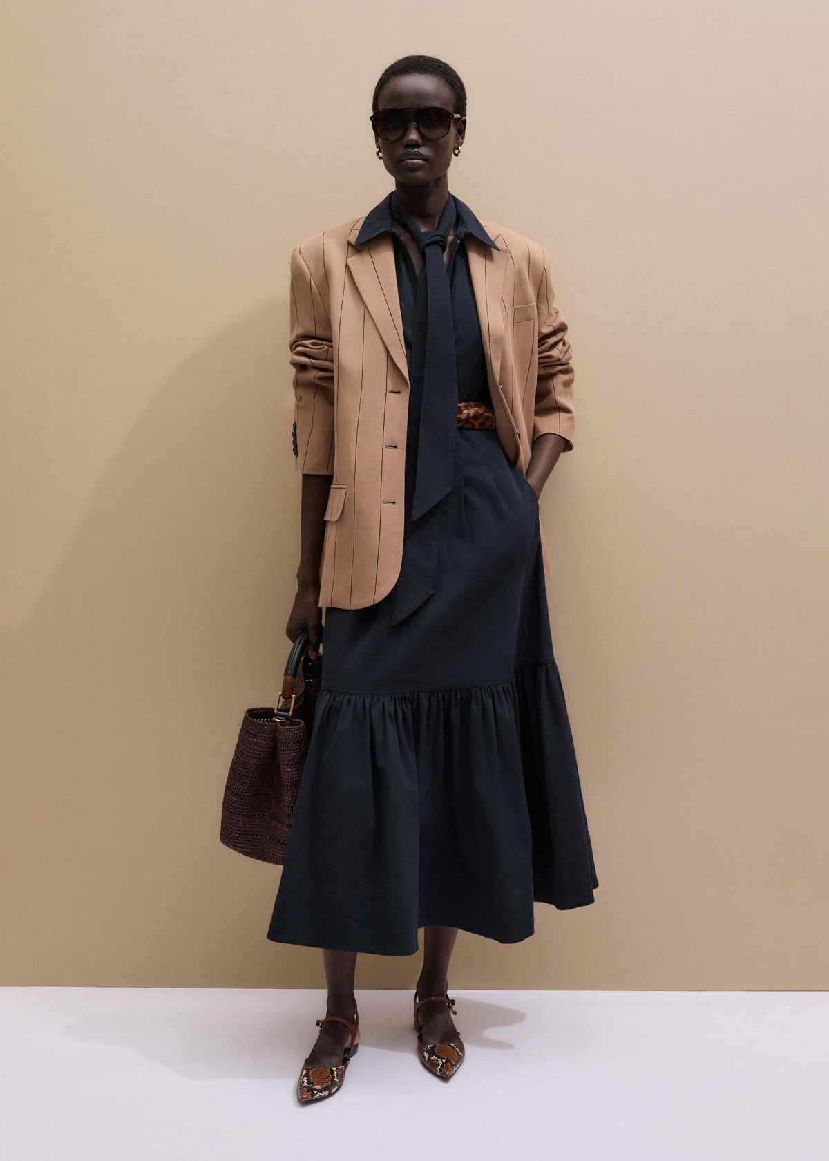 Navy Cotton Seersucker Fit + Flare Midi Dress | ME+EM Clothing