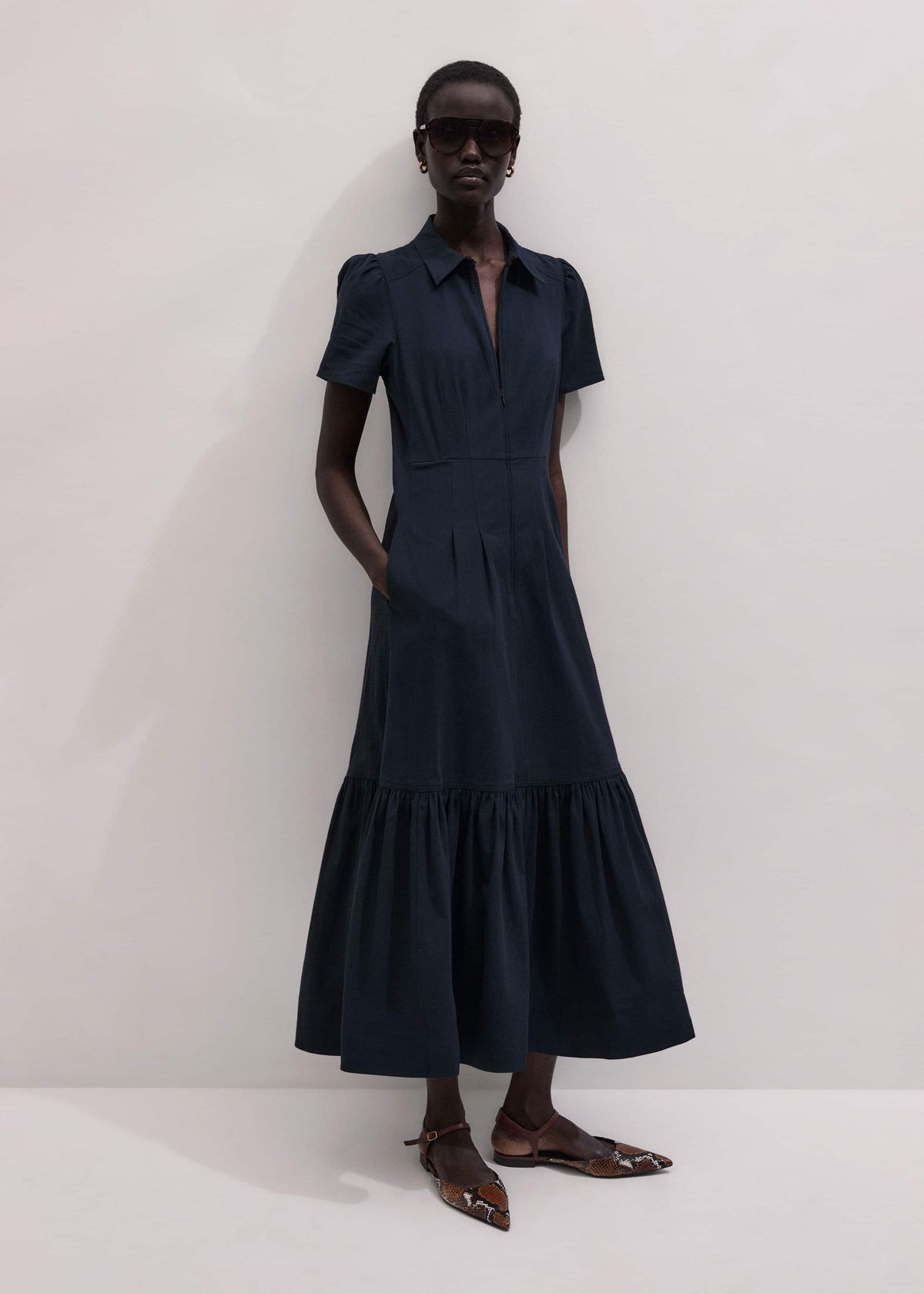 Navy Cotton Seersucker Fit + Flare Midi Dress | ME+EM Clothing