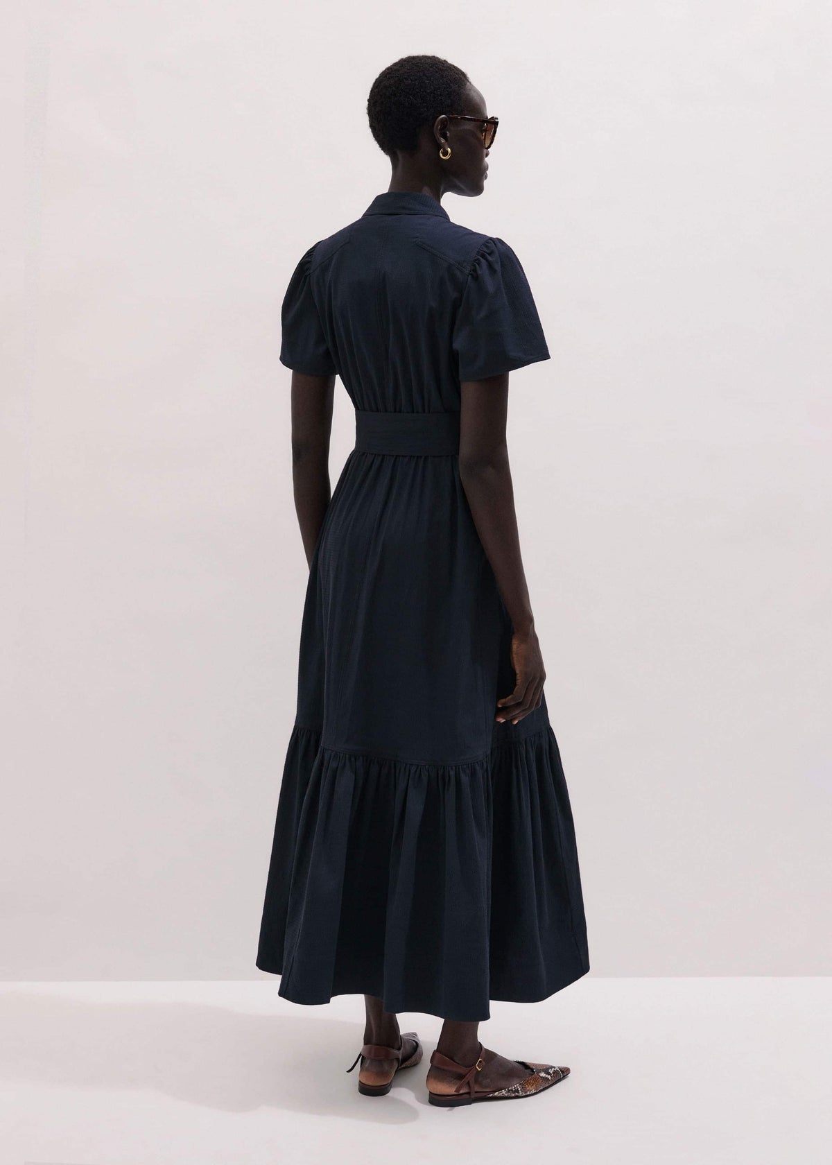 Navy Cotton Seersucker Fit + Flare Midi Dress | ME+EM Clothing