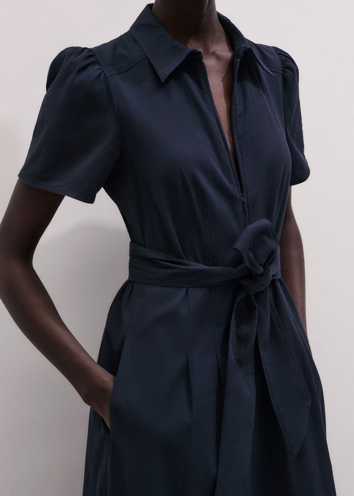 Navy Cotton Seersucker Fit + Flare Midi Dress | ME+EM Clothing
