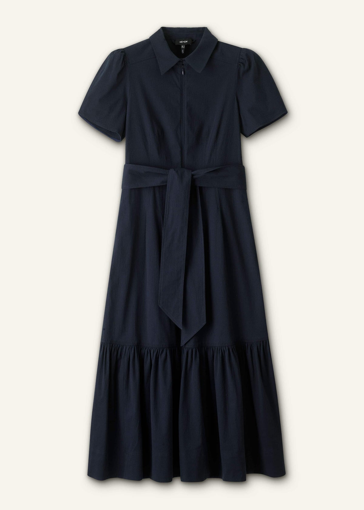 Navy Cotton Seersucker Fit + Flare Midi Dress | ME+EM Clothing