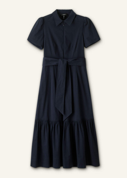 Navy Cotton Seersucker Fit + Flare Midi Dress | ME+EM Clothing