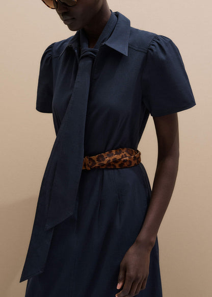 Navy Cotton Seersucker Fit + Flare Midi Dress | ME+EM Clothing