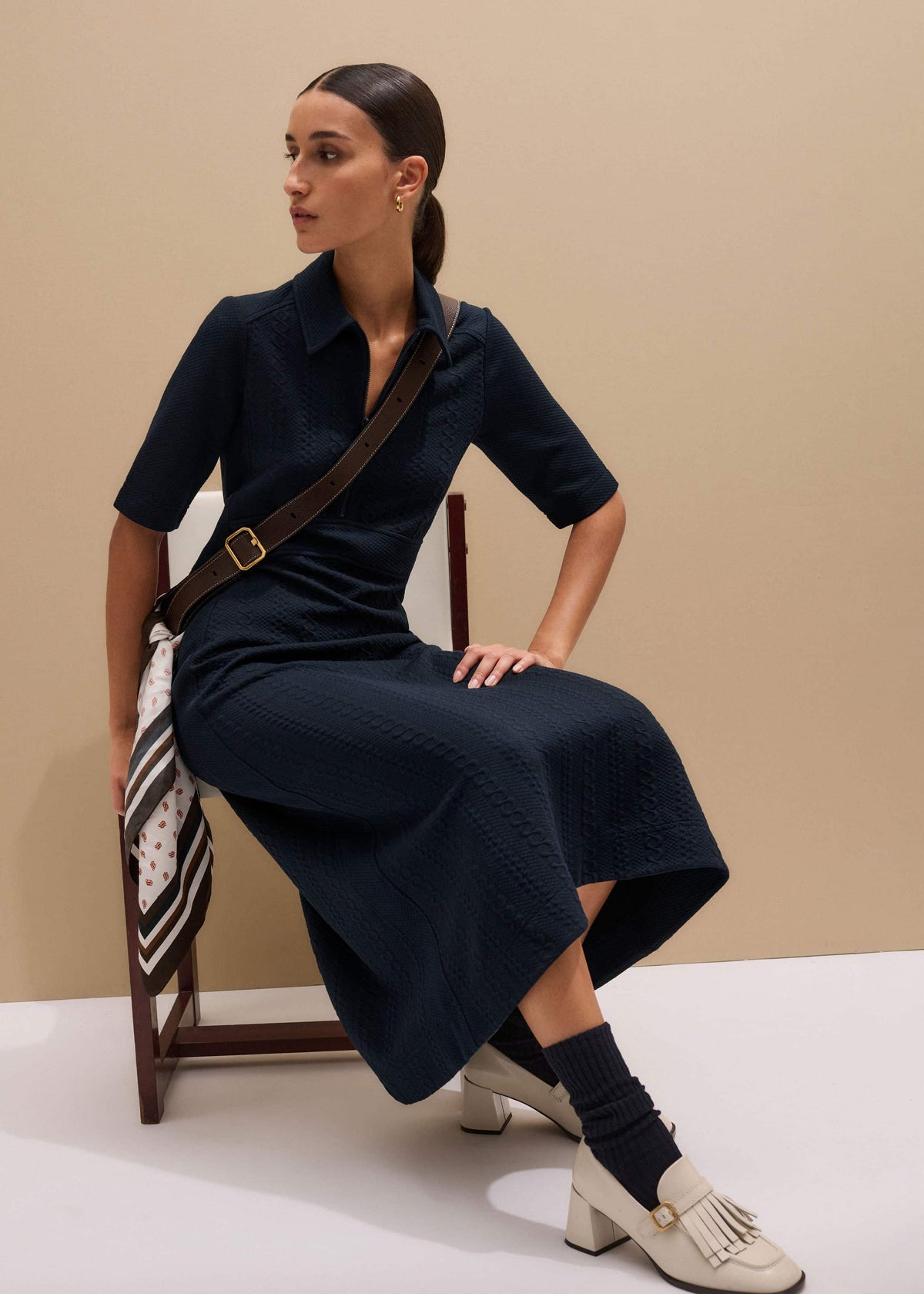 Navy Cable Jacquard Half-Zip Midi Dress | ME+EM Clothing