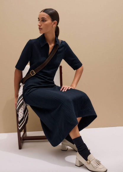 Navy Cable Jacquard Half-Zip Midi Dress | ME+EM Clothing