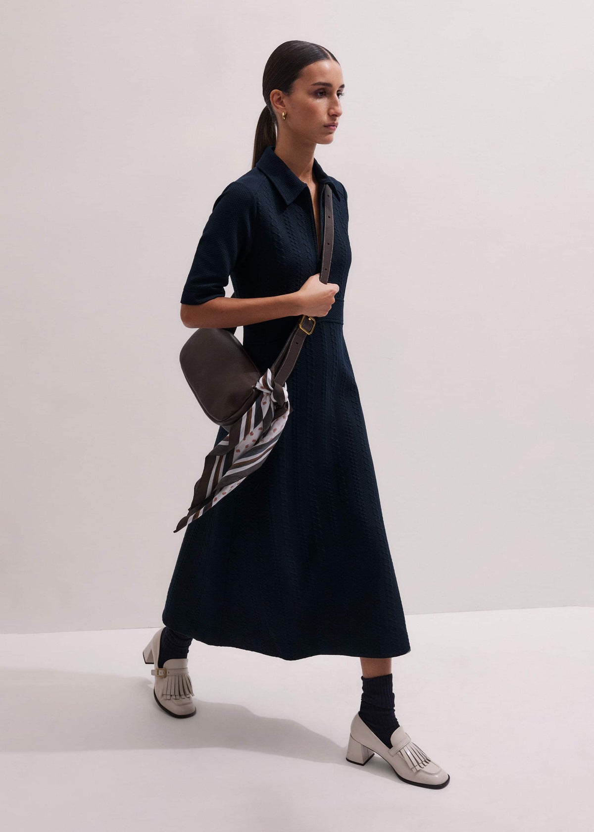 Navy Cable Jacquard Half-Zip Midi Dress | ME+EM Clothing