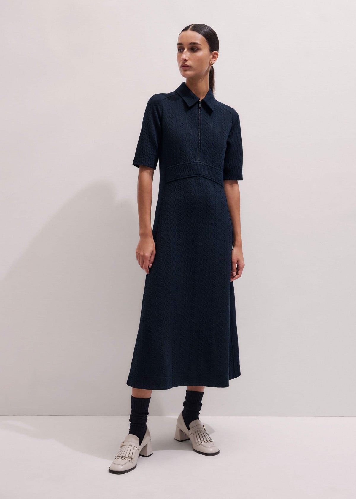 Navy Cable Jacquard Half-Zip Midi Dress | ME+EM Clothing