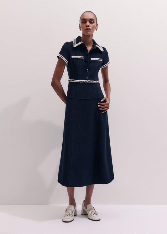 Navy Fit + Flare Fray Trim Midi Dress | ME+EM Clothing