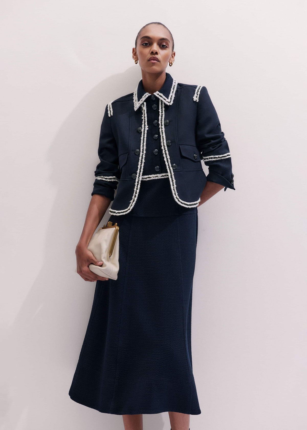 Navy Fit + Flare Fray Trim Midi Dress | ME+EM Clothing
