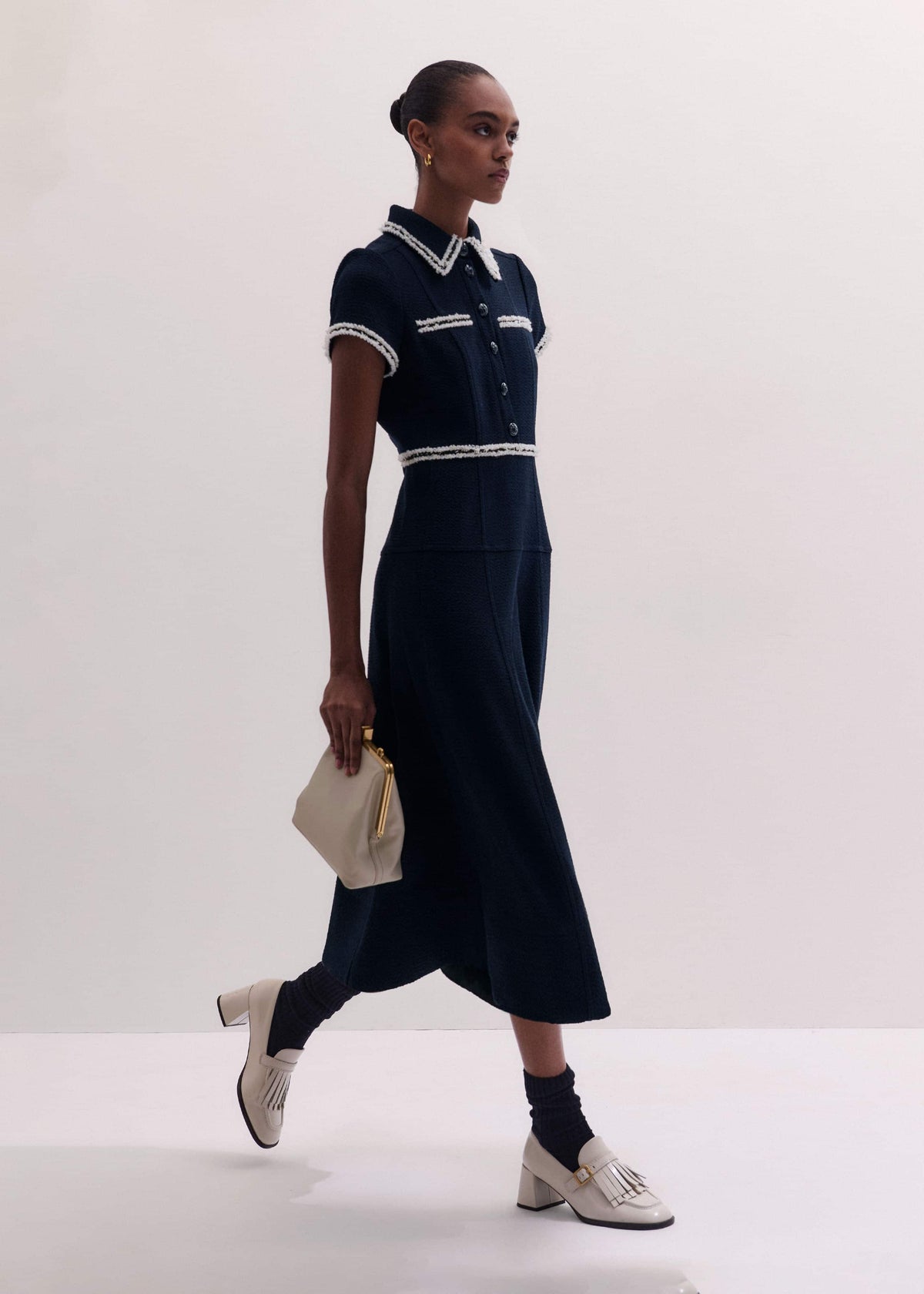 Navy Fit + Flare Fray Trim Midi Dress | ME+EM Clothing