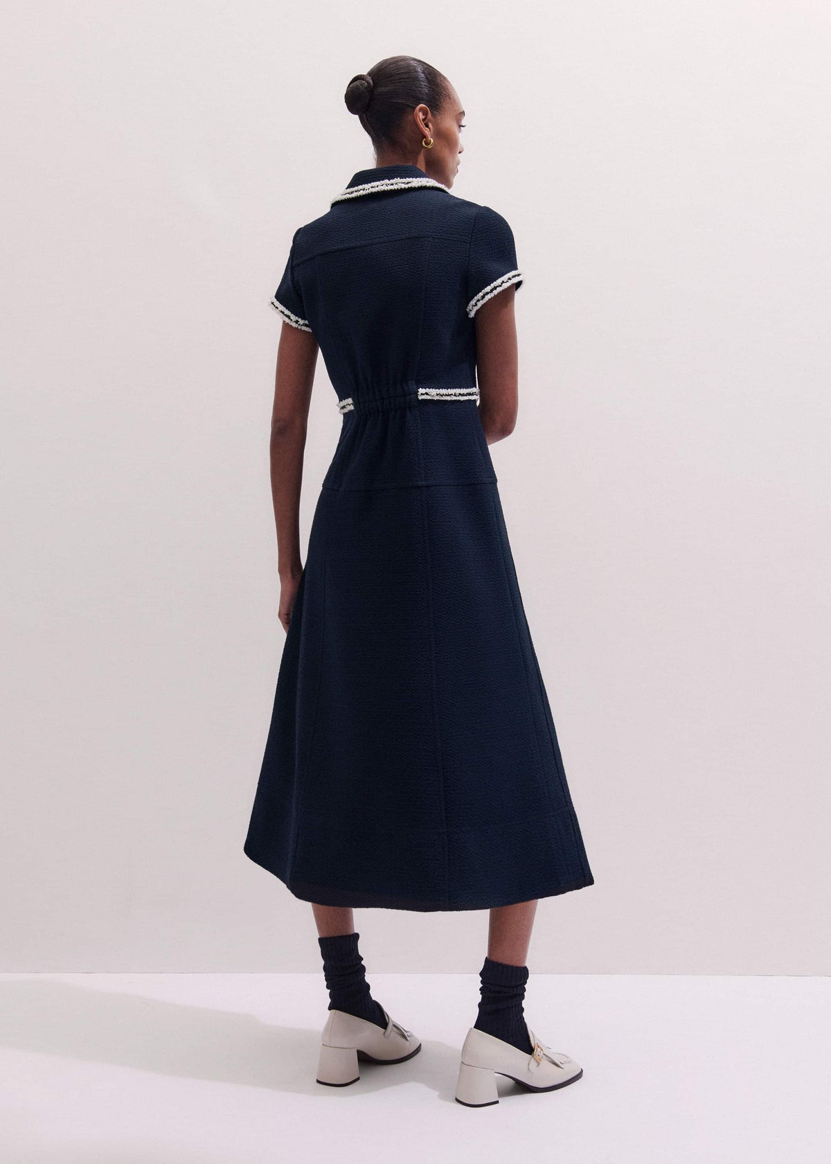 Navy Fit + Flare Fray Trim Midi Dress | ME+EM Clothing