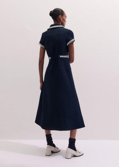 Navy Fit + Flare Fray Trim Midi Dress | ME+EM Clothing
