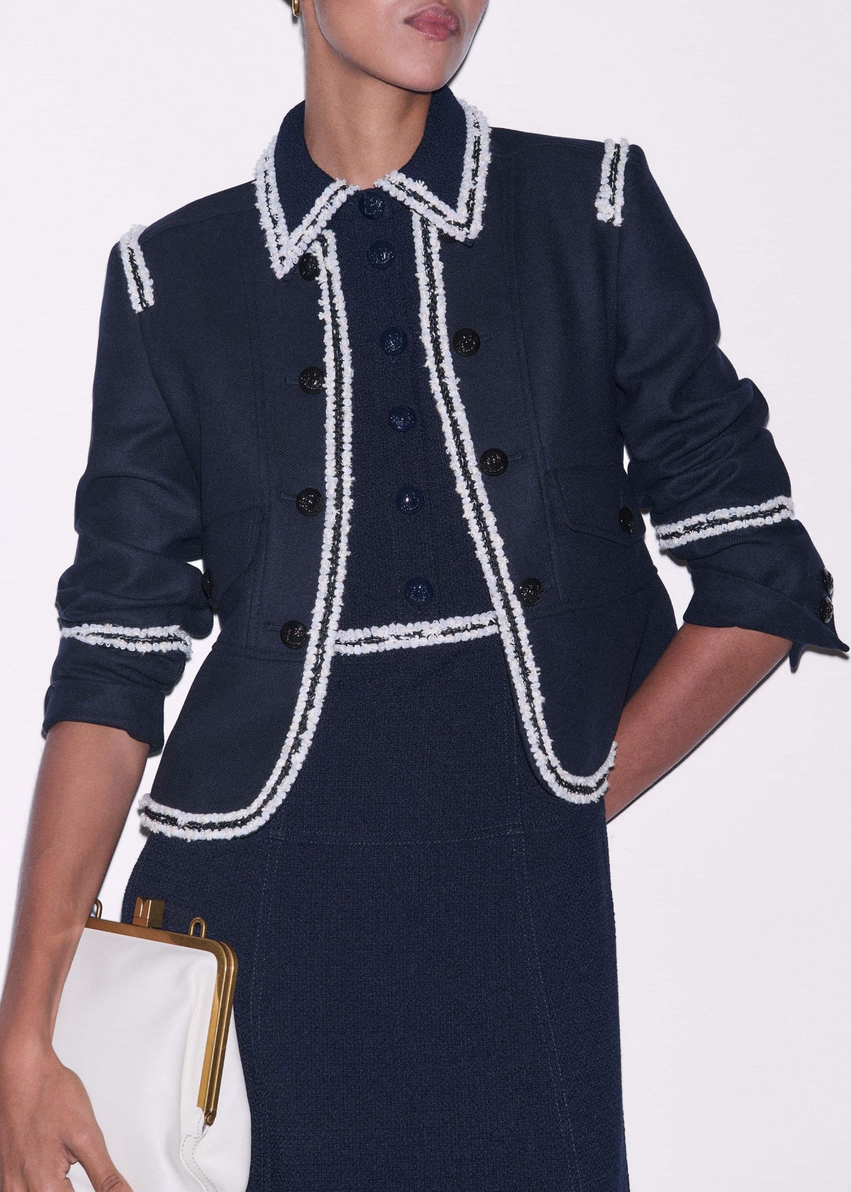Navy Fit + Flare Fray Trim Midi Dress | ME+EM Clothing