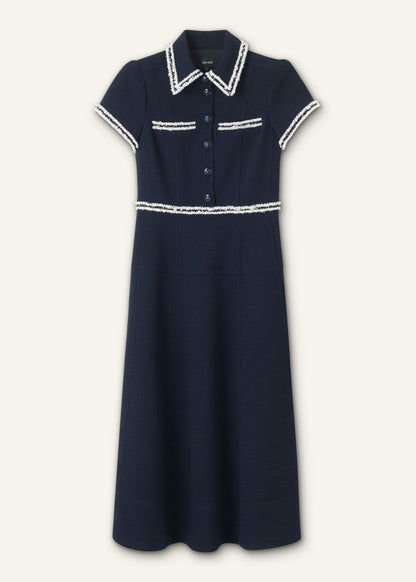 Navy Fit + Flare Fray Trim Midi Dress | ME+EM Clothing