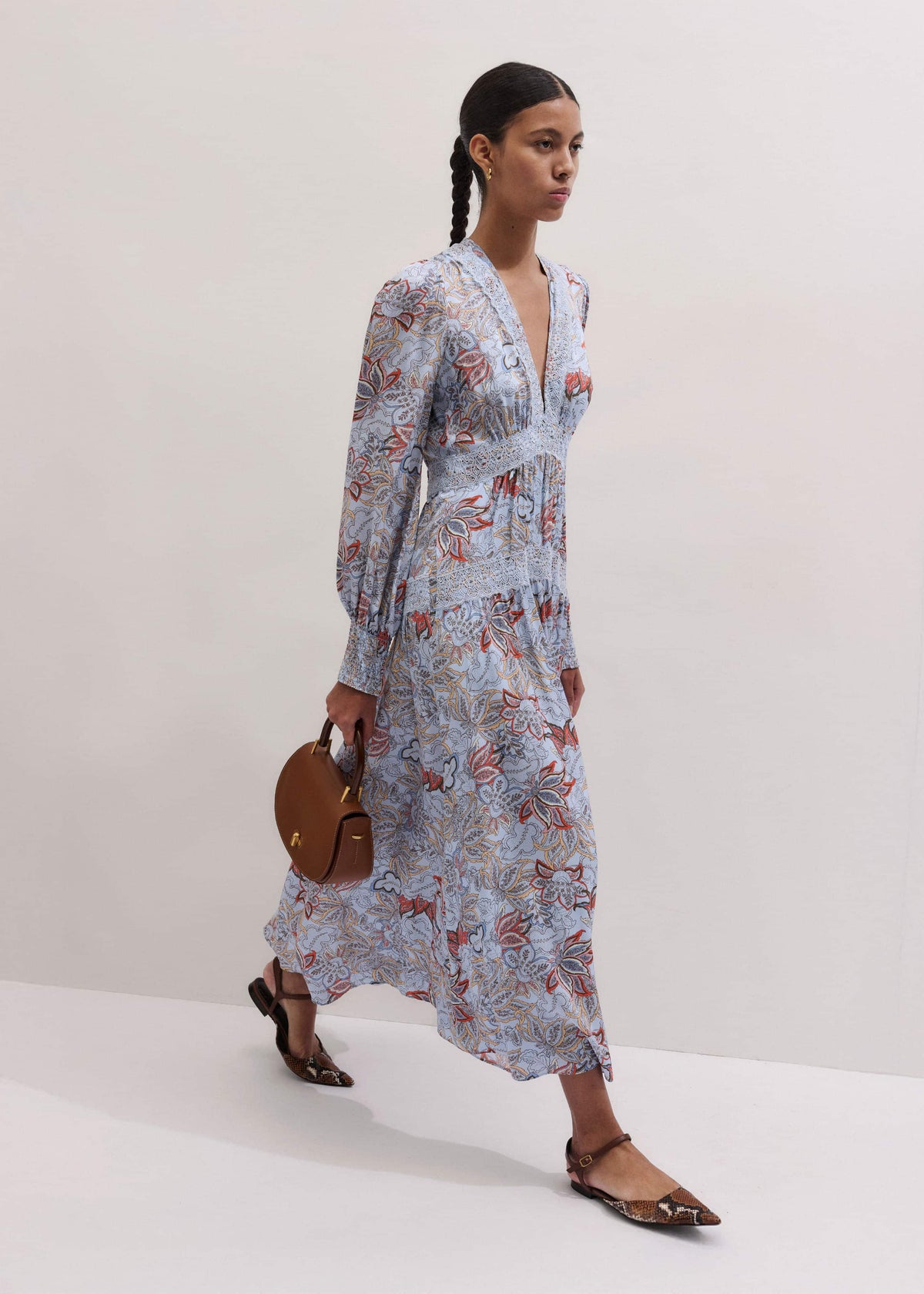 Blue Silk Delicate Paisley Print Fit + Flare Maxi Dress | ME+EM Clothing