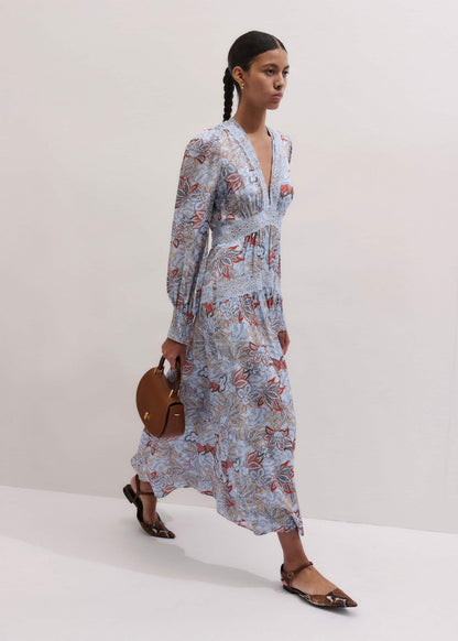 Blue Silk Delicate Paisley Print Fit + Flare Maxi Dress | ME+EM Clothing