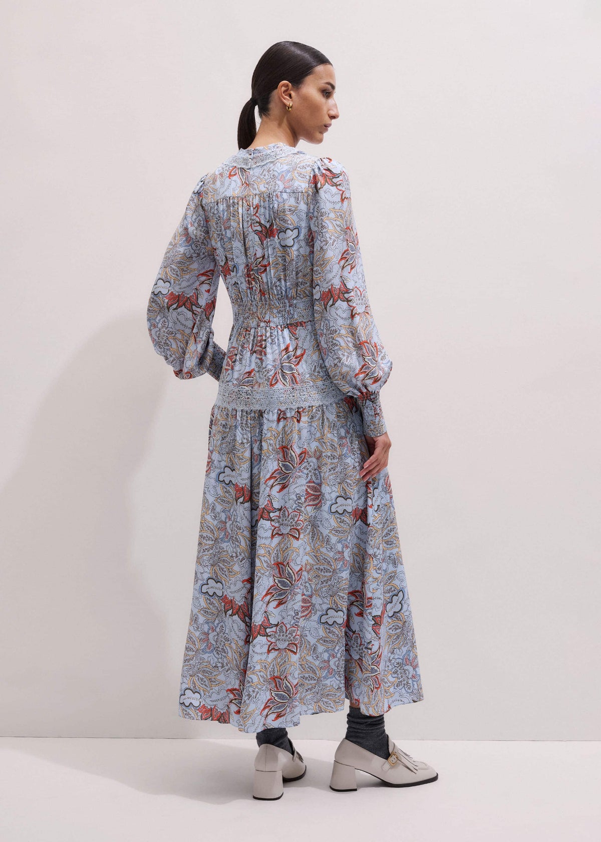 Blue Silk Delicate Paisley Print Fit + Flare Maxi Dress | ME+EM Clothing