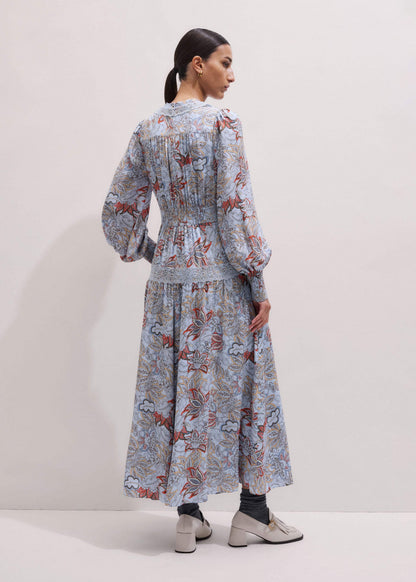 Blue Silk Delicate Paisley Print Fit + Flare Maxi Dress | ME+EM Clothing