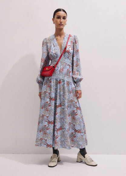 Blue Silk Delicate Paisley Print Fit + Flare Maxi Dress | ME+EM Clothing