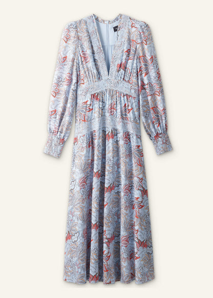 Blue Silk Delicate Paisley Print Fit + Flare Maxi Dress | ME+EM Clothing