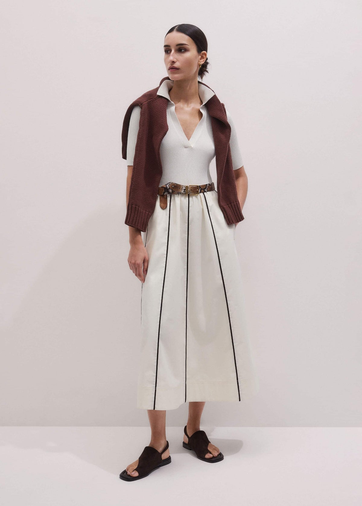 Cream Mixed Media Fit And Flare Midi Dress + Belt | ME+EM Clothing