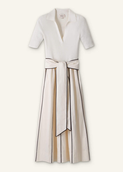 Cream Mixed Media Fit And Flare Midi Dress + Belt | ME+EM Clothing