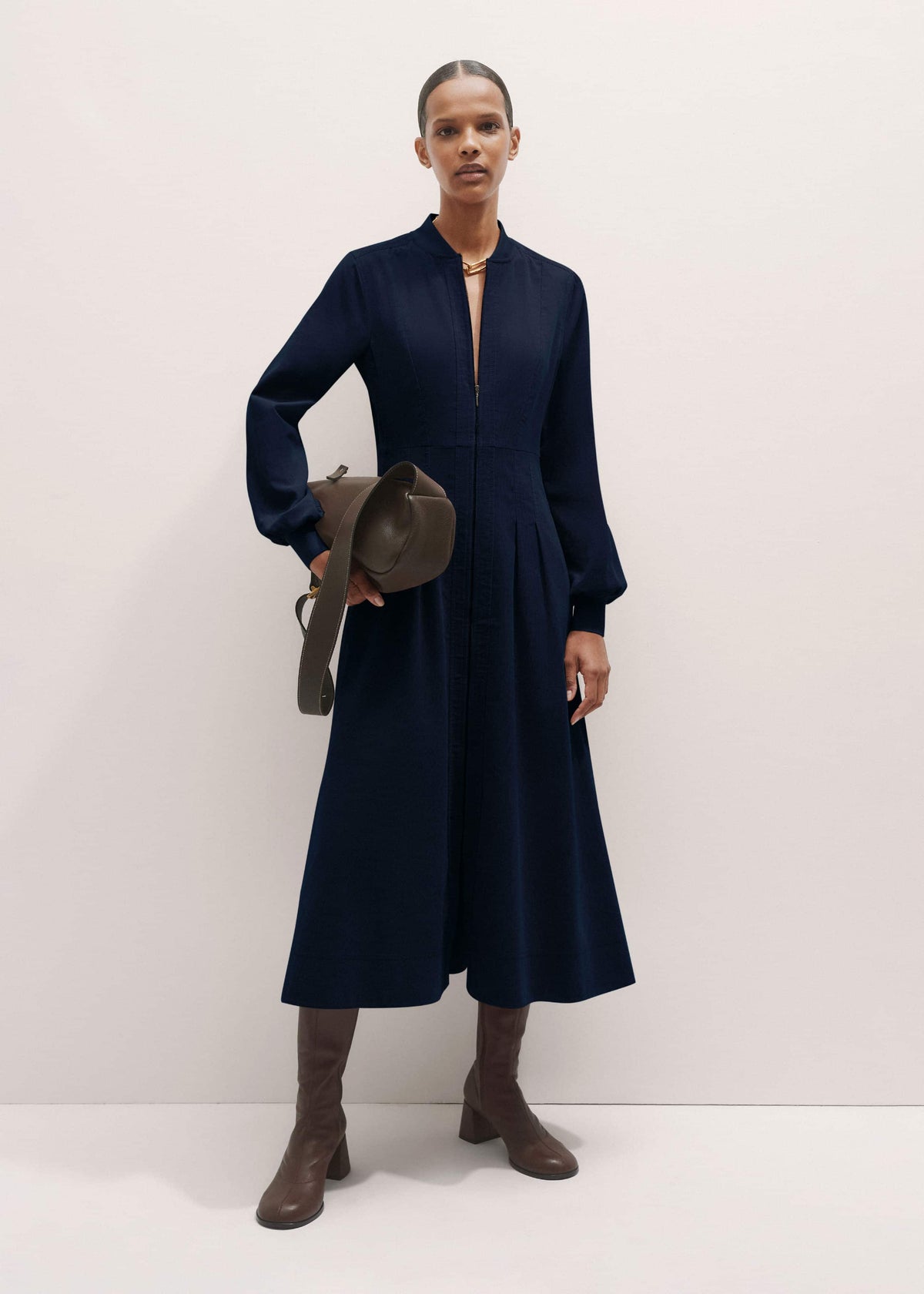 Navy Cotton Cord Pleated Midi Dress | ME+EM Clothing