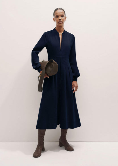 Navy Cotton Cord Pleated Midi Dress | ME+EM Clothing