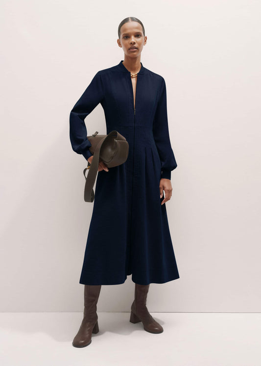 Navy Cotton Cord Pleated Midi Dress | ME+EM Clothing