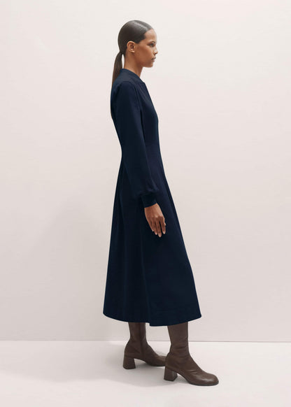 Navy Cotton Cord Pleated Midi Dress | ME+EM Clothing