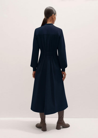 Navy Cotton Cord Pleated Midi Dress | ME+EM Clothing