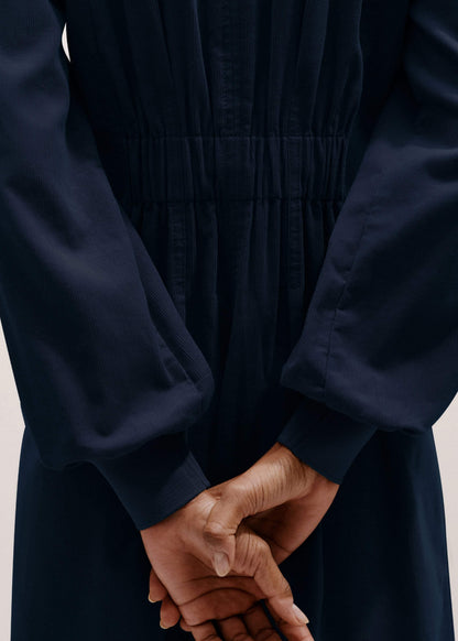 Navy Cotton Cord Pleated Midi Dress | ME+EM Clothing