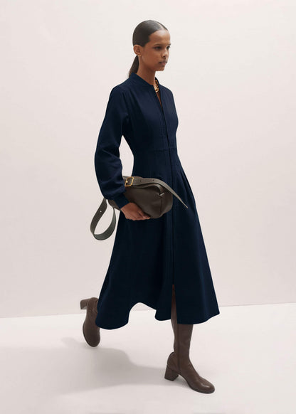 Navy Cotton Cord Pleated Midi Dress | ME+EM Clothing