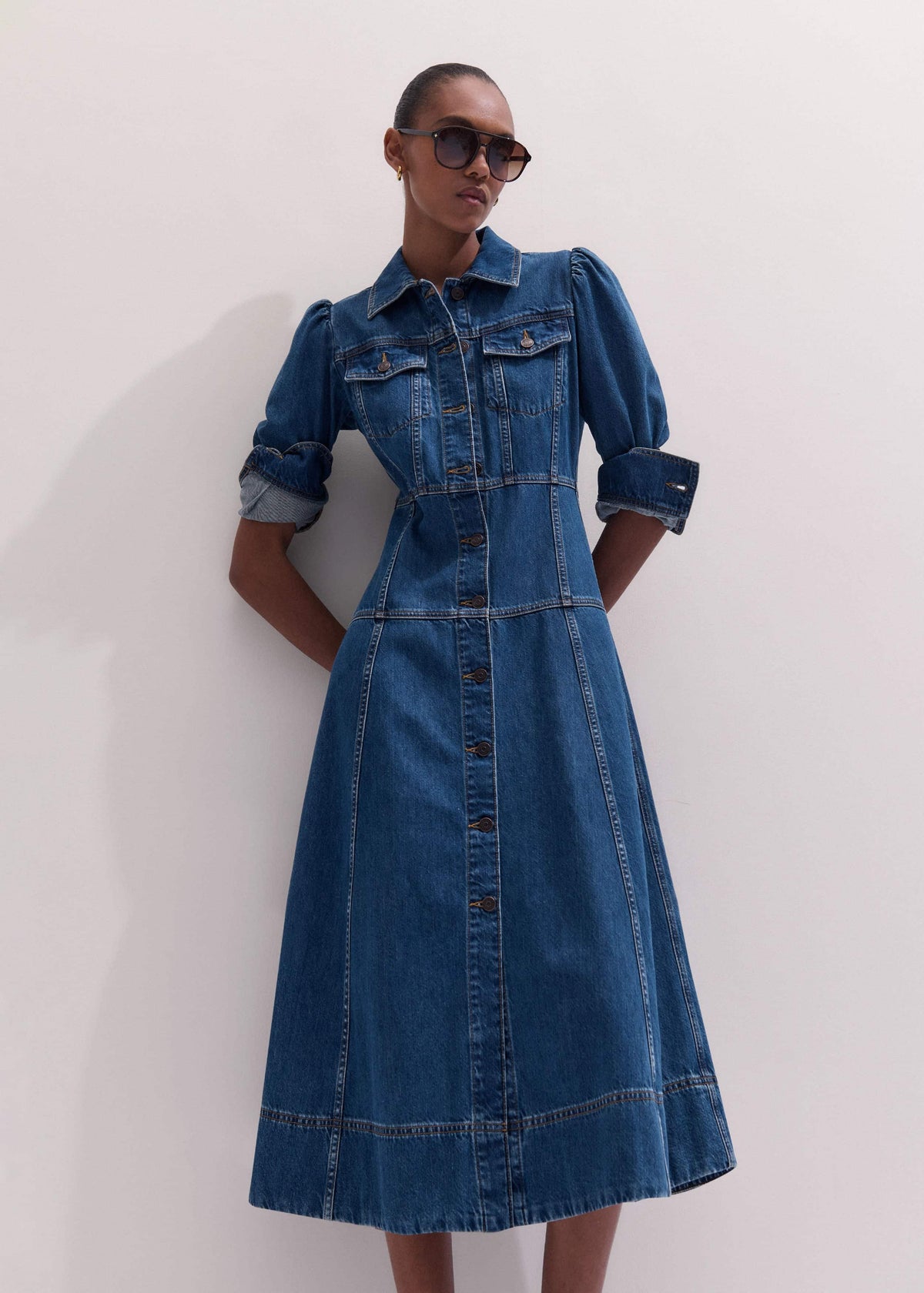 Blue Panelled Fit + Flare Midi Dress | ME+EM Clothing