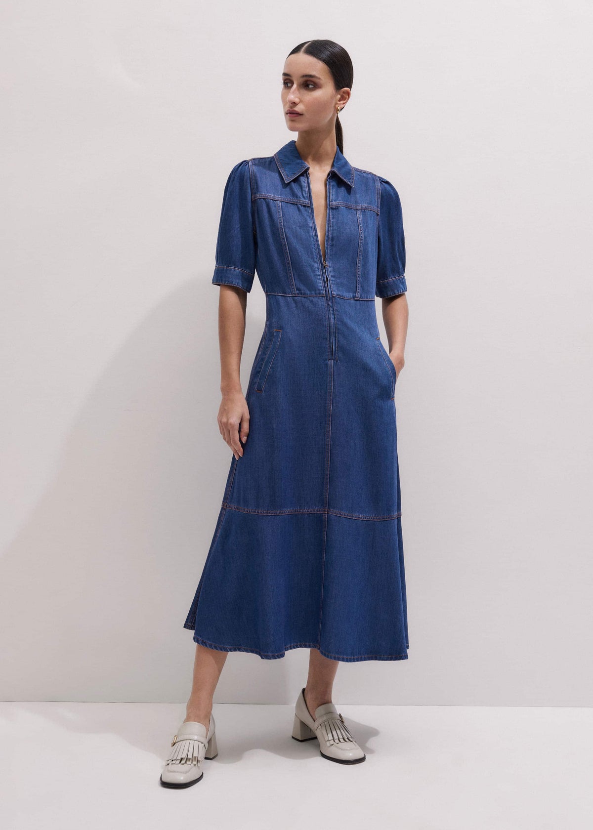 Blue Fluid Fit + Flare Midi Dress + Belt | ME+EM Clothing
