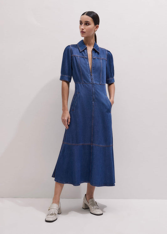 Blue Fluid Fit + Flare Midi Dress + Belt | ME+EM Clothing
