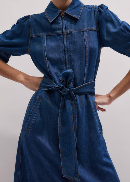 Blue Fluid Fit + Flare Midi Dress + Belt | ME+EM Clothing
