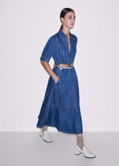Blue Fluid Fit + Flare Midi Dress + Belt | ME+EM Clothing
