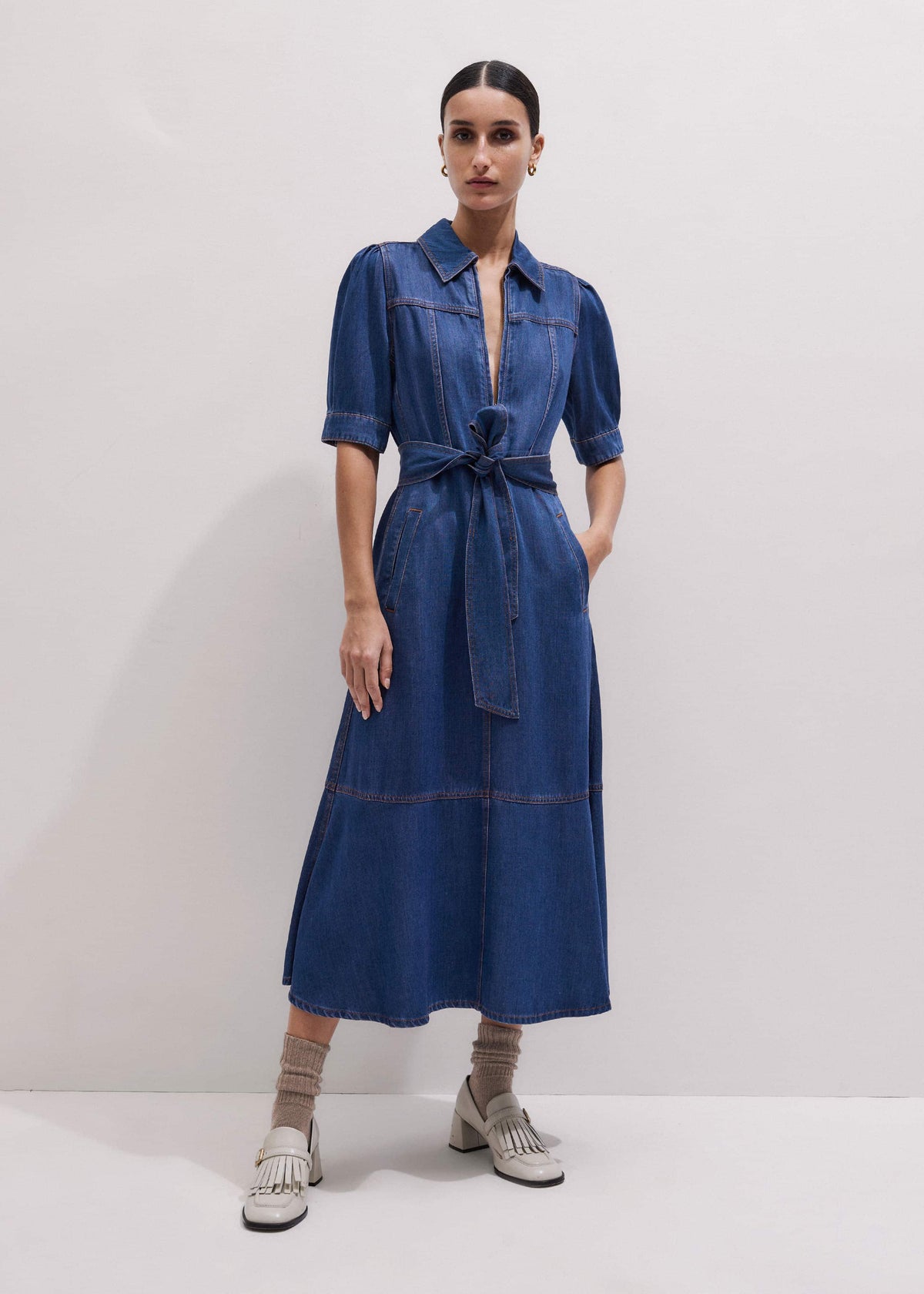 Blue Fluid Fit + Flare Midi Dress + Belt | ME+EM Clothing