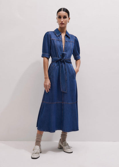 Blue Fluid Fit + Flare Midi Dress + Belt | ME+EM Clothing