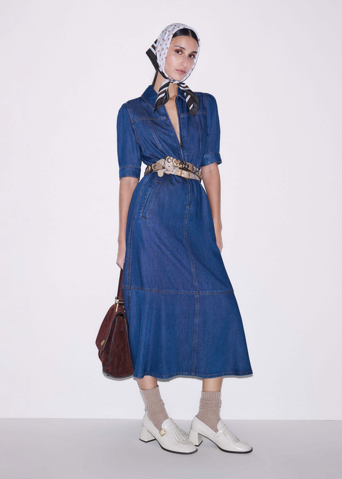 Blue Fluid Fit + Flare Midi Dress + Belt | ME+EM Clothing